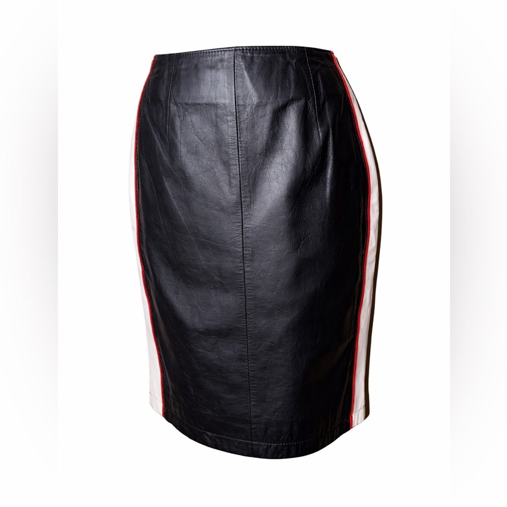 Vintage‎ CHIA Black Leather Pencil Skirt Biker Racing Stripe Y2K Size 10